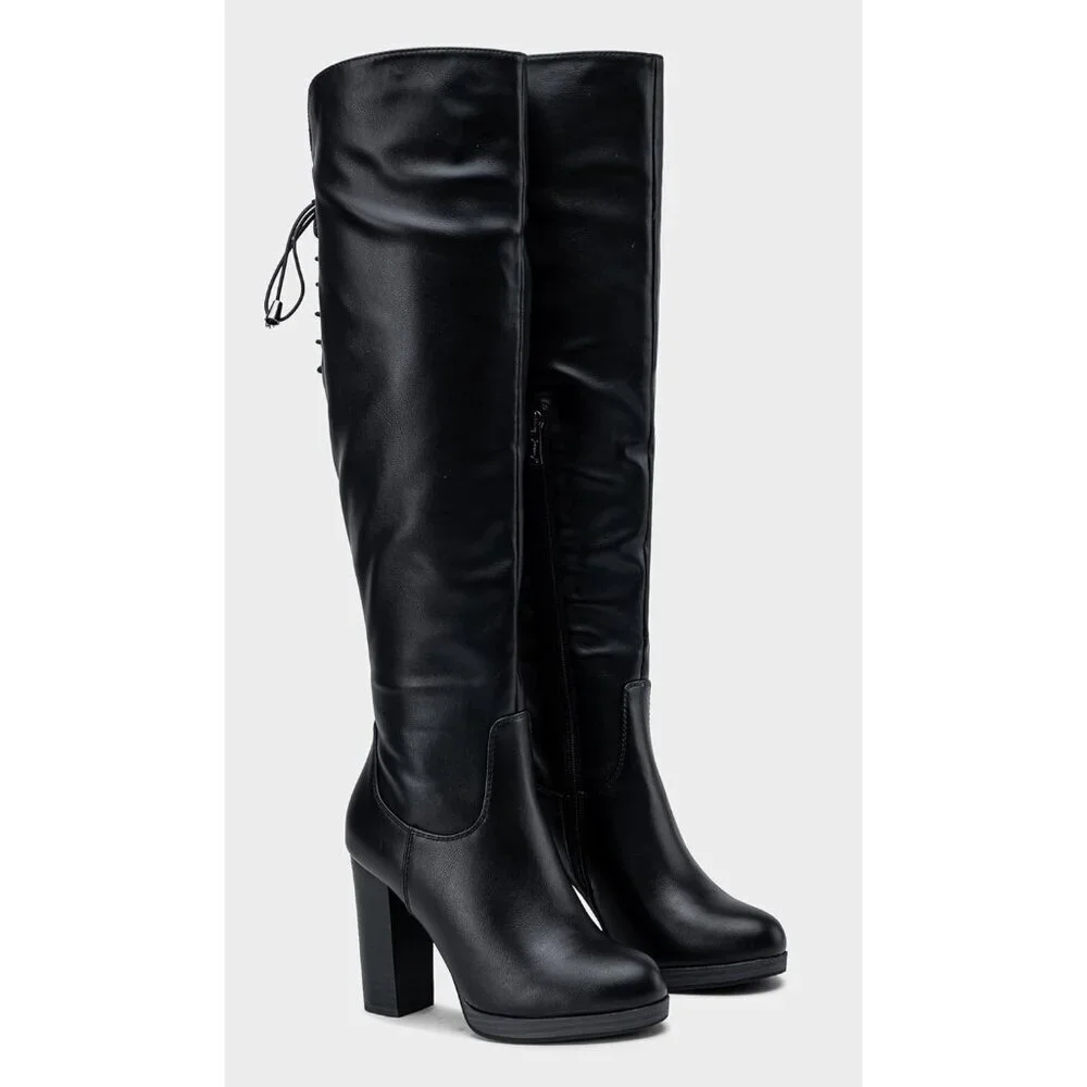 Women Blackpu-imitation Grain Synthetic suede Thigh High Over The Knee Tall Boot